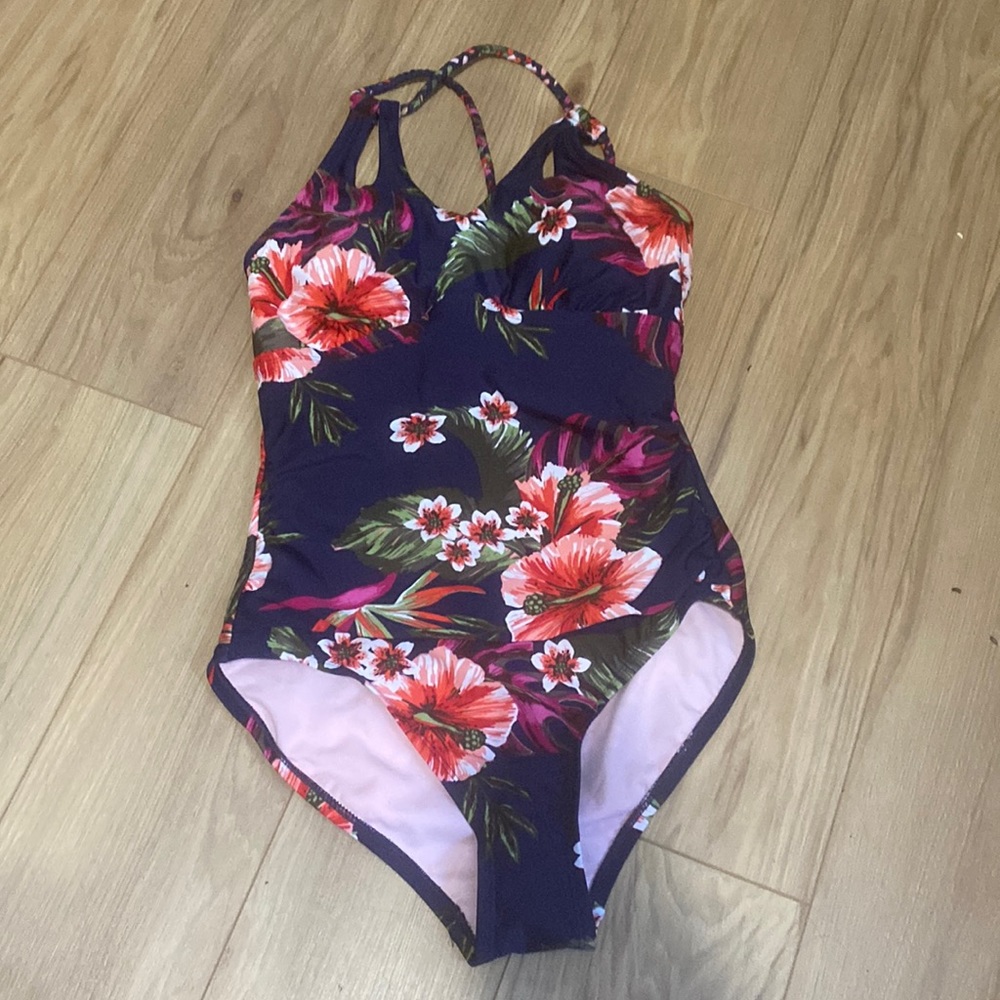 NWT size Small Kona Sol navy blue and pink floral one-piece swim suit